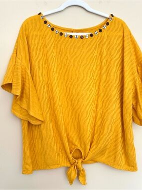 Ruby Rd. Women’s Golden Yellow Tie-Front Short Sleeve Top with Beaded Neckline